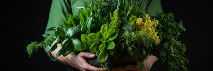 Young person holding a beautiful and vibrant bunch of fresh green plants on black background