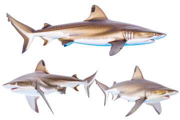 Collection of  shark fishes In different view, Front view, side view, rear view isolated on white background