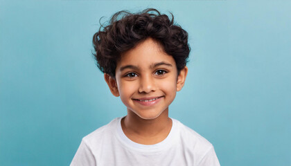 Portrait of amazing cheerful little boy with curly hairdo in white T-shirt looking at camera with happy carefree smile and missed milk teeth. indoor studio shot isolated on blue background - obrazy, fototapety, plakaty