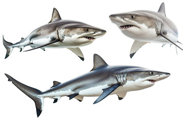 Collection of  shark fishes In different view, Front view, side view, rear view isolated on white...
