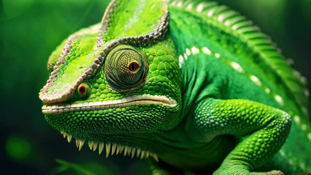 A stunning close-up of a green chameleon perched on a branch, showcasing its vibrant color and unique characteristics, Detailed Green chameleon closeup, AI Generated