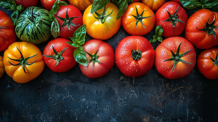 variety of fresh natural tomatoes top view, with empty copy space