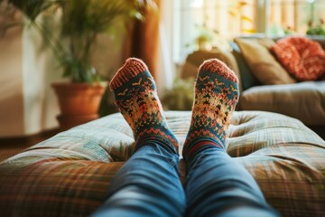 person wearing knitted socks resting feet on ottoman - obrazy, fototapety, plakaty