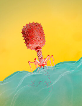 T4 bacteriophage infecting E. coli bacterium, illustration