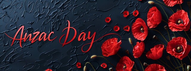 Anzac Day - lettering calligraphy text, poppy flowers on dark background. Remembrance day symbol.
