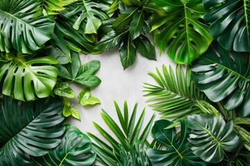 Green tropical plants bush indoors garden backdrop isolated on white, lush foliage, botanical theme.