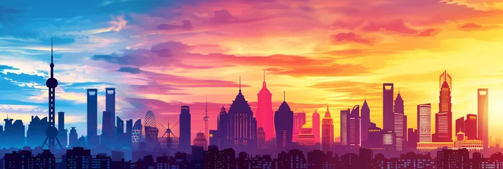 Foto op Aluminium A striking silhouette of a city skyline against a colorful sunset sky, showcasing the iconic landmarks and structures of an urban environment. © L.S.
