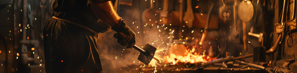 Blacksmith working with a torch in his workshop
