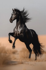 Black horse runs gallop on the sand on the sky background