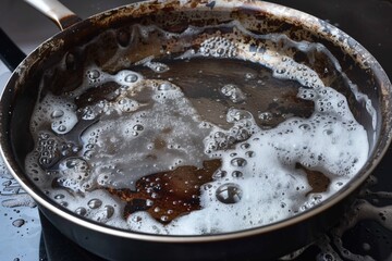 soaked dirty pan with dish soap bubbles on it