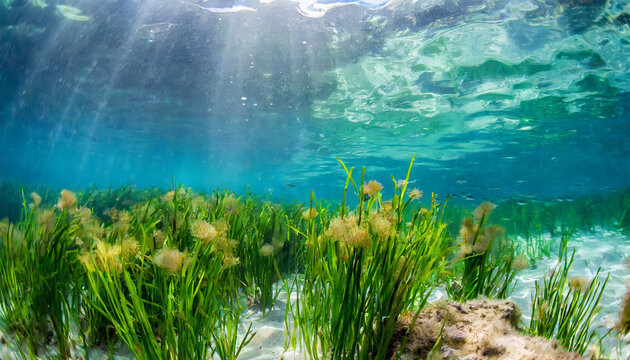 Underwater View of a Group of Seabed with Green Seagrass