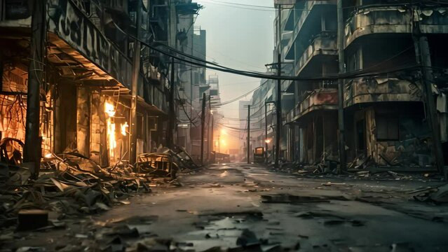 Burning building in the middle of the street, Bangkok, Thailand, Vector illustration of a sunset over the stadium. View from the ground, Empty stadium illustration with, AI Generated