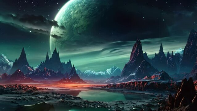Fantasy alien planet. Mountain and sky. 3D illustration, Fantasy alien planet depicted through digital painting, 3D illustration, AI Generated