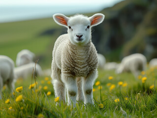 Obraz premium Cute little lamb looking at the camera in spring Iceland