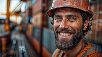 A man with a beard and a hard hat is smiling. He is wearing an orange vest. The man is happy and he is enjoying his work - obrazy, fototapety, plakaty