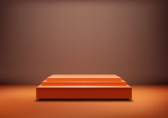 3D stack orange boxes podium sits on a flat brown background - 764584410
