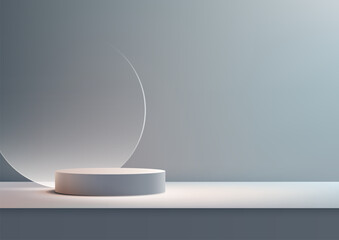 3D white podium with clear glass circle backdrop, set against a gray background - 764584423
