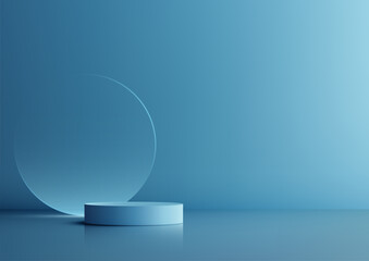 3D blue podium with clear glass circle backdrop, set against a blue background - 764584452