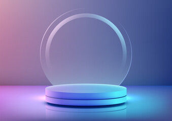 3D neon colors podium with round glass podium with blue and purple lighting on a neon background. Technology concept for product display - 764584472