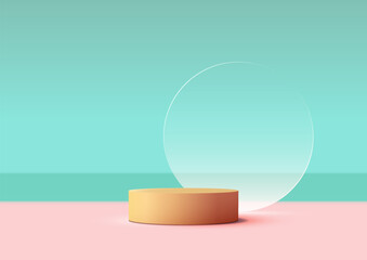 A minimalist scene with 3D yellow podium and a clear circle against a pink and blue background - 764584476