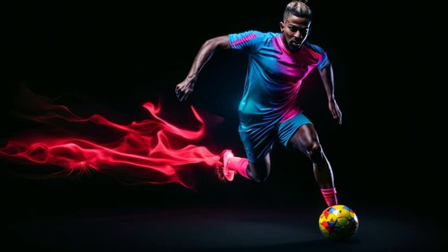 Dynamic image of a male soccer player moving on a dark background mixed with neon lights