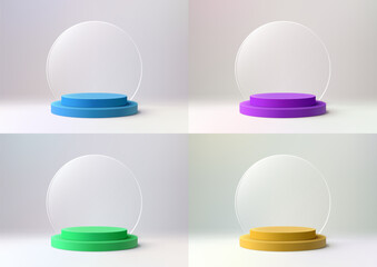 3D vibrant color podium with clear glass circle backdrop set against a white background - 764584659