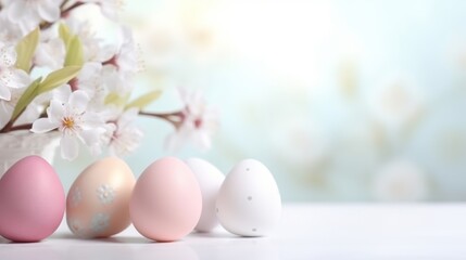 Easter Joy Composition : Colorful pastel easter eggs with spring blossom flowers on soft background