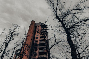 destroyed and burned houses in the city Russia Ukraine war