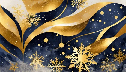Gordijnen Winter Background with Gold and Navy Snowflakes © Tatiana