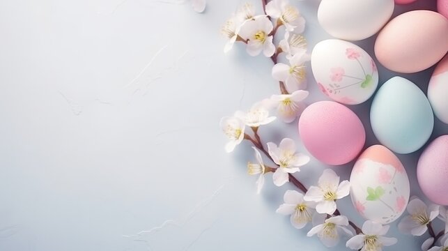 Easter Joy Composition : Colorful pastel easter eggs with spring blossom flowers on soft background