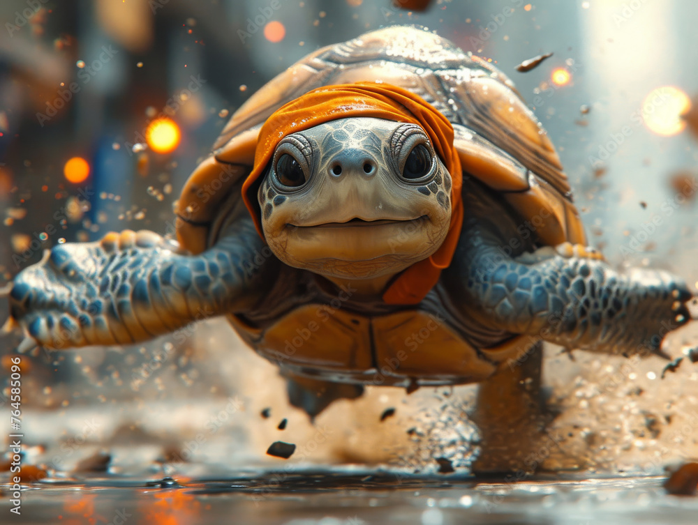 Poster a turtle in cap running past the in the city architecture