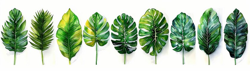 Nature's art of tropical plant collection, green leaves isolated on white background, clean air, environmental aesthetics, leaf patterns, sustainable decor.
