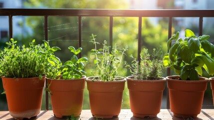 growing herbs in pots on a balcony