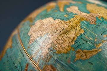 A weathered globe in close-up, focused on a single country or region, highlighting diverse geography