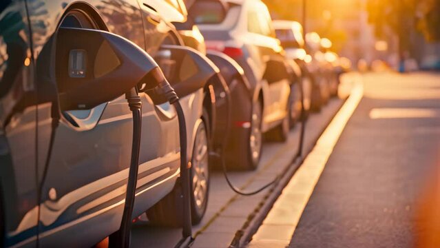 A lineup of electric vehicles connected to a charging station, ready to power up, Generic electric vehicle EV hybrid car is being charged from a wallbox, AI Generated
