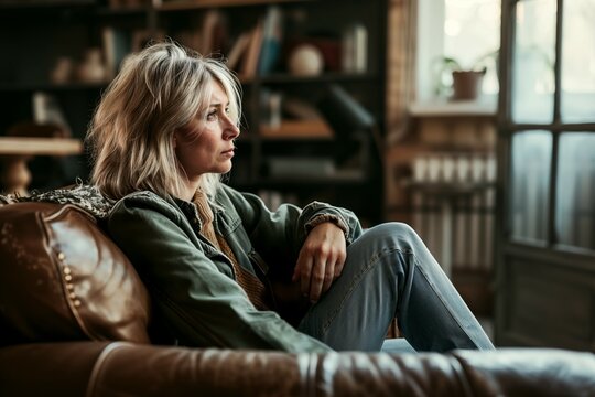 Depressed middle-aged woman in her forties, sitting on a sofa. Middle age crisis, depression, divorce concept.