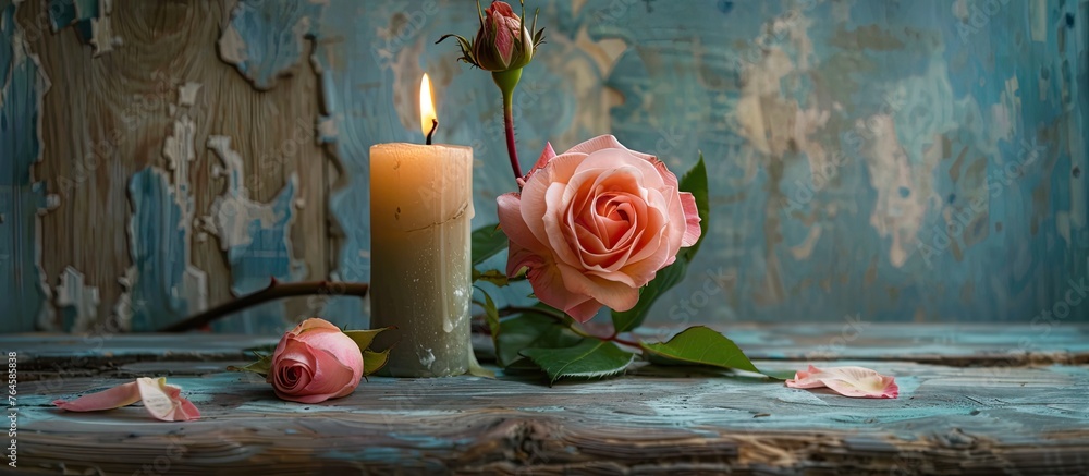 Poster a candle and a single red rose are placed on a table with a plain blue background