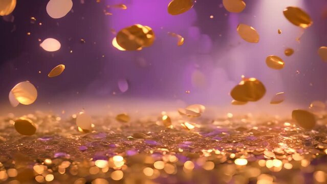 Close Up of Vibrant Purple and Gold Glitter Background With Rich Textures, gold and purple abstract glitter confetti bokeh background, AI Generated