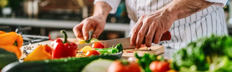 Fotobehang panoramic shot of man in apron cutting vegetables in kitchen  © Pixelmagic