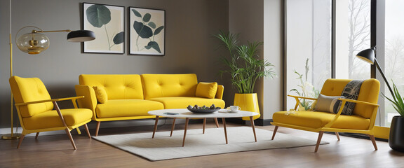 collection of yellow modern furniture items including a sofa, chair, planter, table, lamp isolated on a transparent background for interior design colorful background