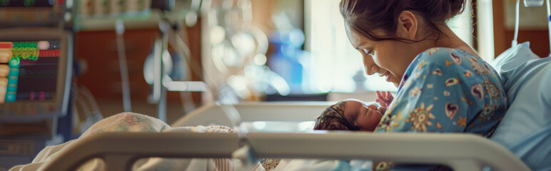 Young mother with her newborn baby in hospital ward. Motherhood.
 - obrazy, fototapety, plakaty