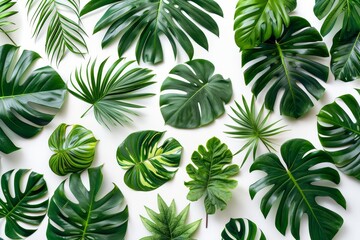 Green tropical plants with lush foliage, isolated on white background, perfect for indoor gardening, eco-friendly decor with vibrant leaf patterns.