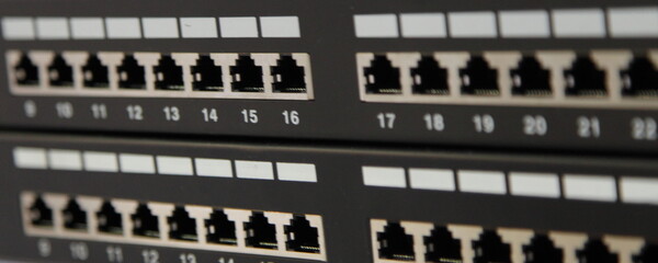 Computer net server hub router interface with LAN sockets in row close up - IT network equipment