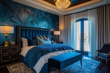 Art Deco-inspired bedroom characterized by bold geometric patterns
