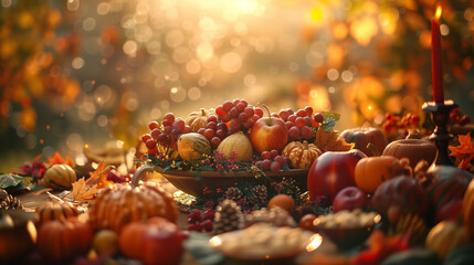 A colorful array of various fruits, such as apples, oranges, grapes, and bananas, decoratively arranged on a table, creating a cheerful and inviting Thanksgiving gathering atmosphere - obrazy, fototapety, plakaty