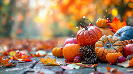 A delightful scene unfolds as a pile of colorful pumpkins sits atop a bed of autumn leaves, creating a joyful Thanksgiving background - Powered by Adobe