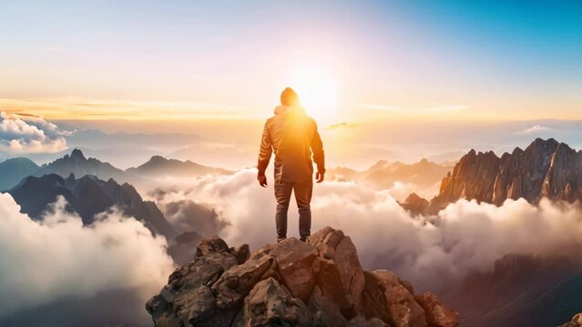 A man stands proudly on top of a mountain, taking in the breathtaking scenery around him, Hiker at the summit of a mountain overlooking a stunning view, AI Generated