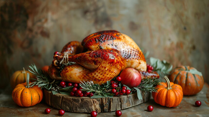 Majestic turkey perched atop rustic wooden table, presiding over festive Thanksgiving spread