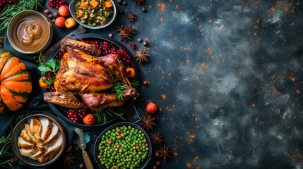 Obraz na płótnie Canvas A festive table adorned with a variety of food-filled bowls and a perfectly cooked turkey ready to be enjoyed in celebration of Thanksgiving