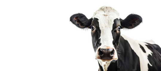 A cow with a white and black spots is staring at the camera. curious and inquisitive mood. Surprised cow mooing and looking at camera, isolated on white background. portrait of funny animal